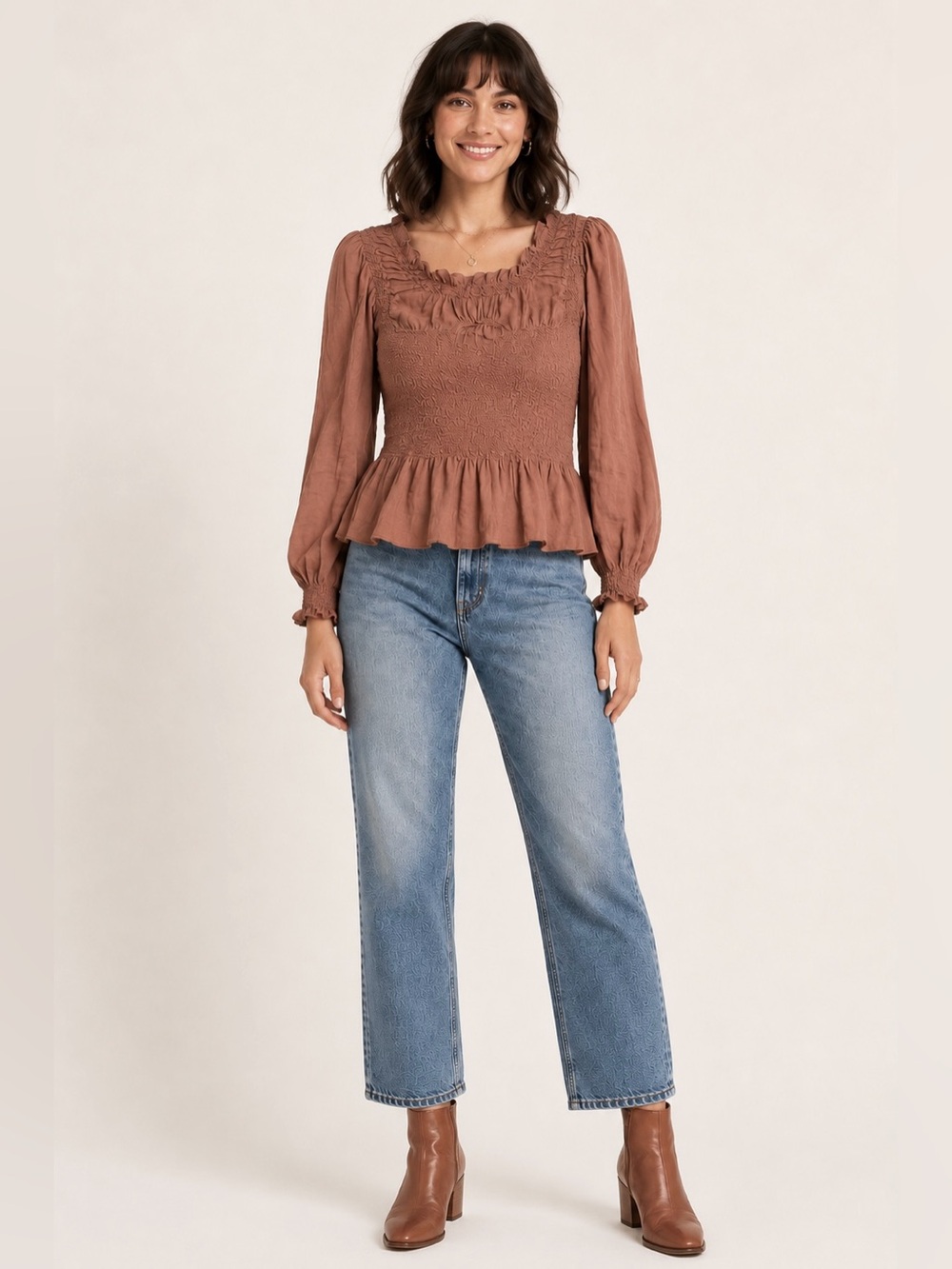NWT Anthropologie Brown Smocked Peplum Blouse Puff Sleeve Top XL